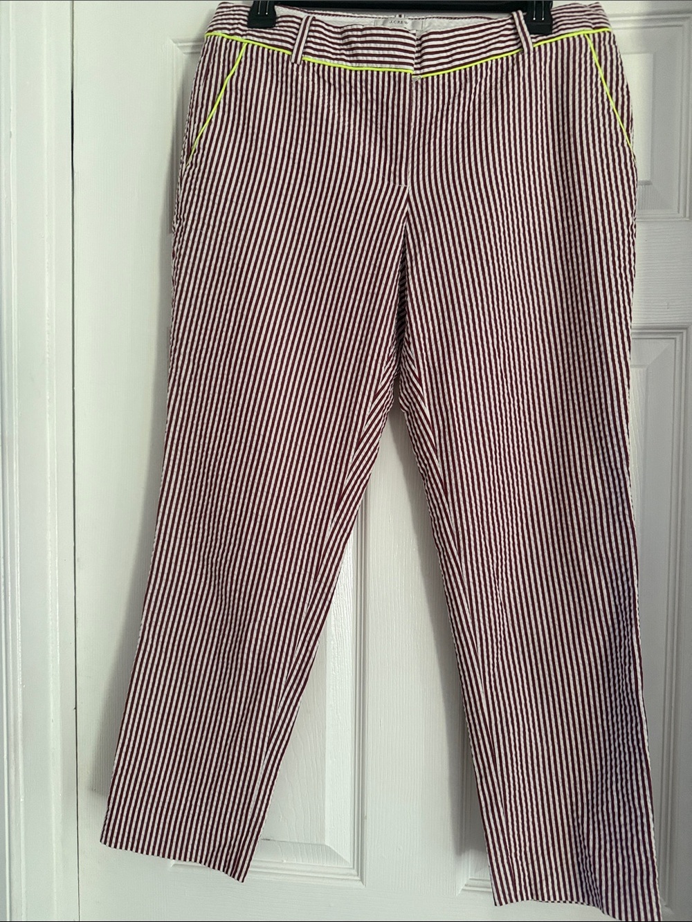 J. Crew White Capri Pants with Burgundy Pinstripes and Neon Yellow Accents